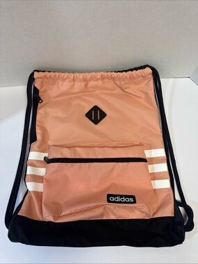 Adidas Drawstring Backpack Gym Bag Peach/Black 3 Stripe Zip Pocket